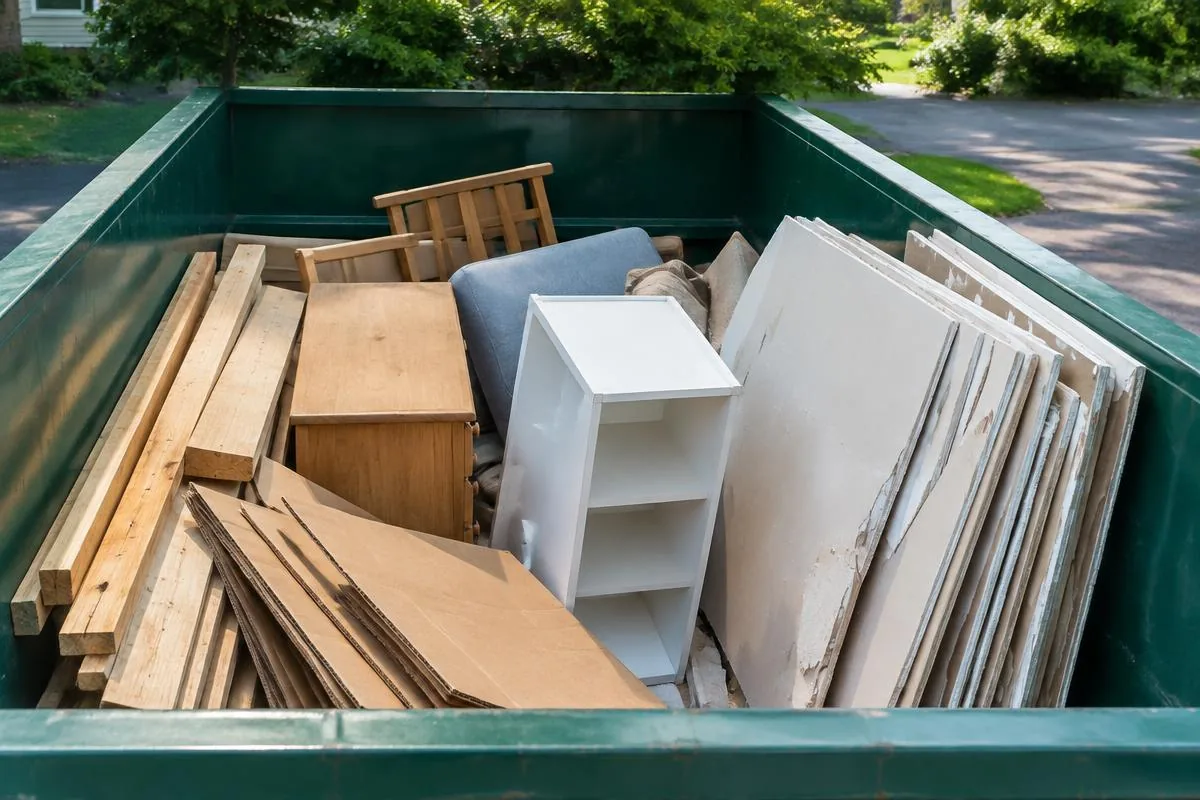 Acceptable household and construction materials loaded in a dumpster