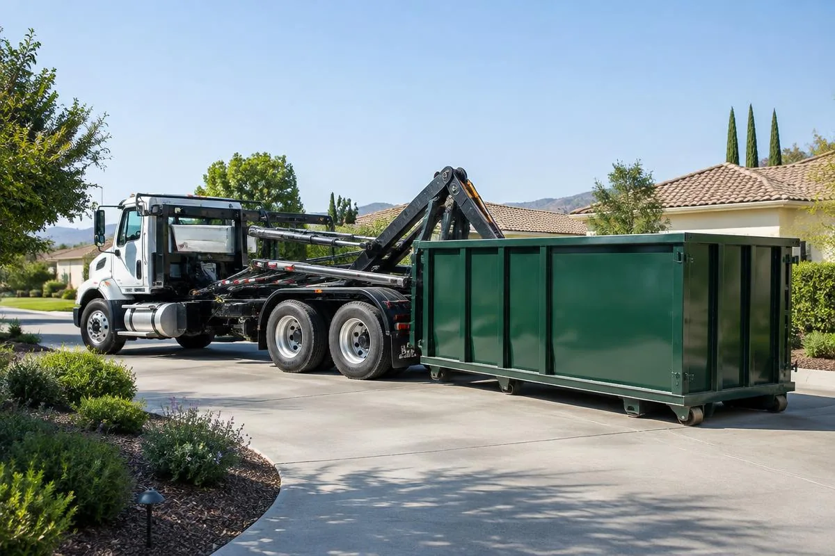 Dumpster delivery truck positioning a roll-off container