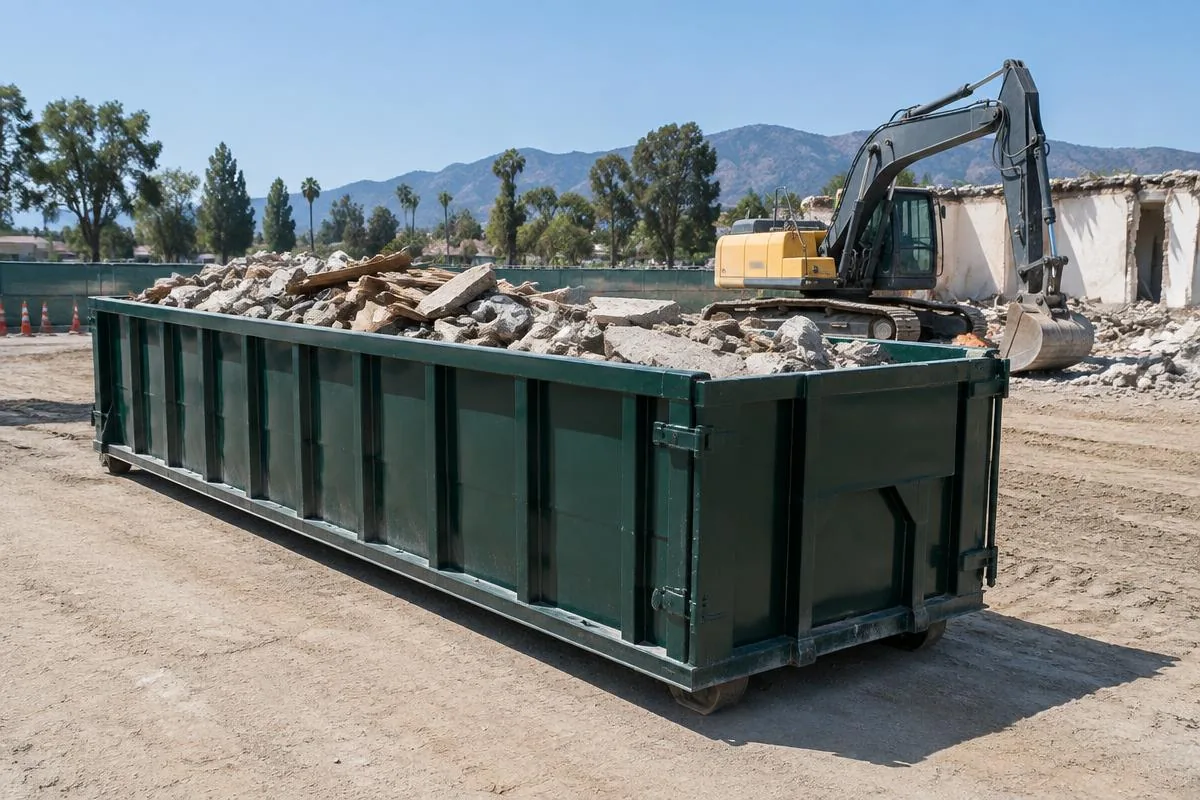 Heavy-duty dumpster containing demolition debris