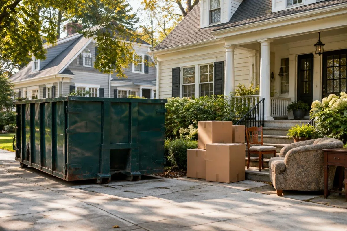 Dumpster and household items during an estate cleanout