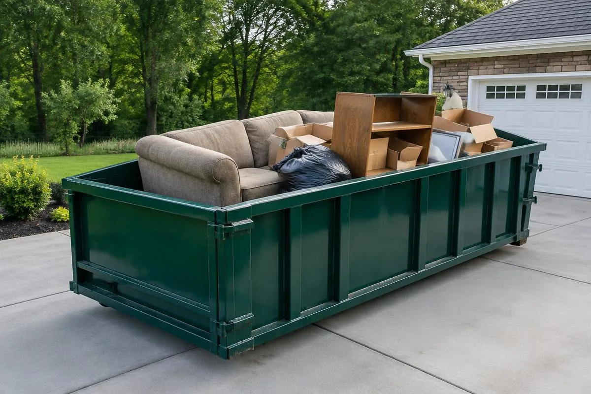 Dumpster loaded for household junk removal