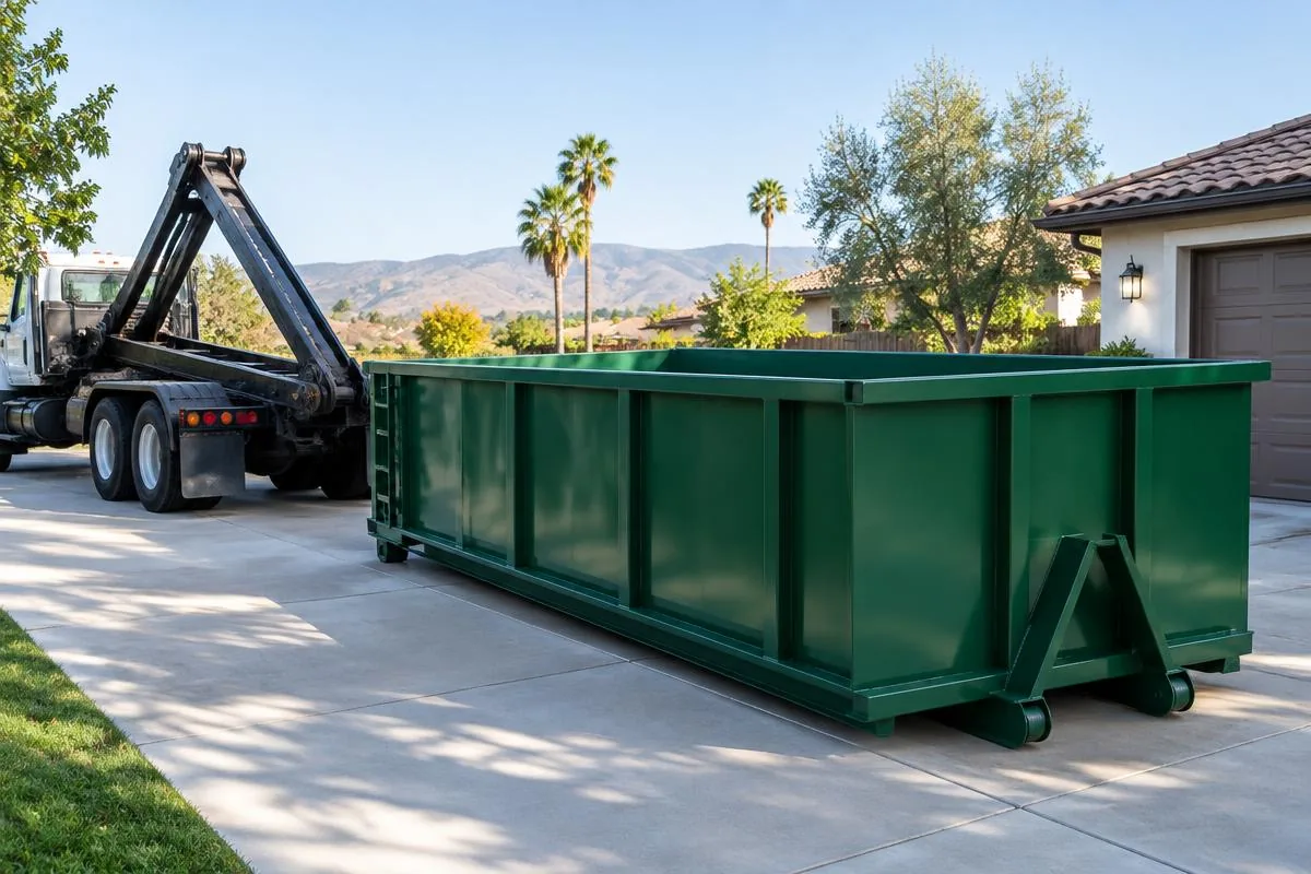 Clean roll-off dumpster positioned safely on a driveway
