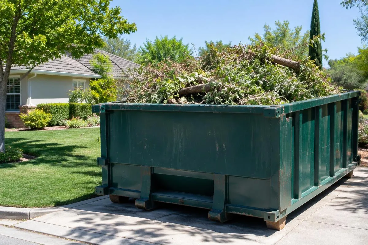 Landscaping branches and yard waste in a dumpster